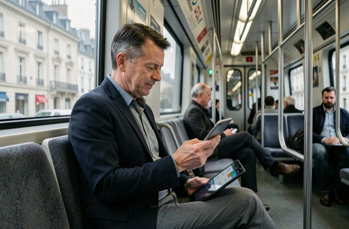 Homme consultant les informations trafic en temps réel sur une tablette à bord d'un RER en Île-de-France