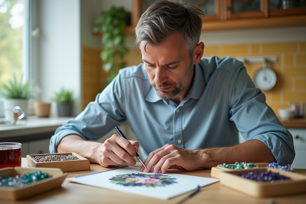 Homme concentré sélectionnant une perle de diamant avec des pinces