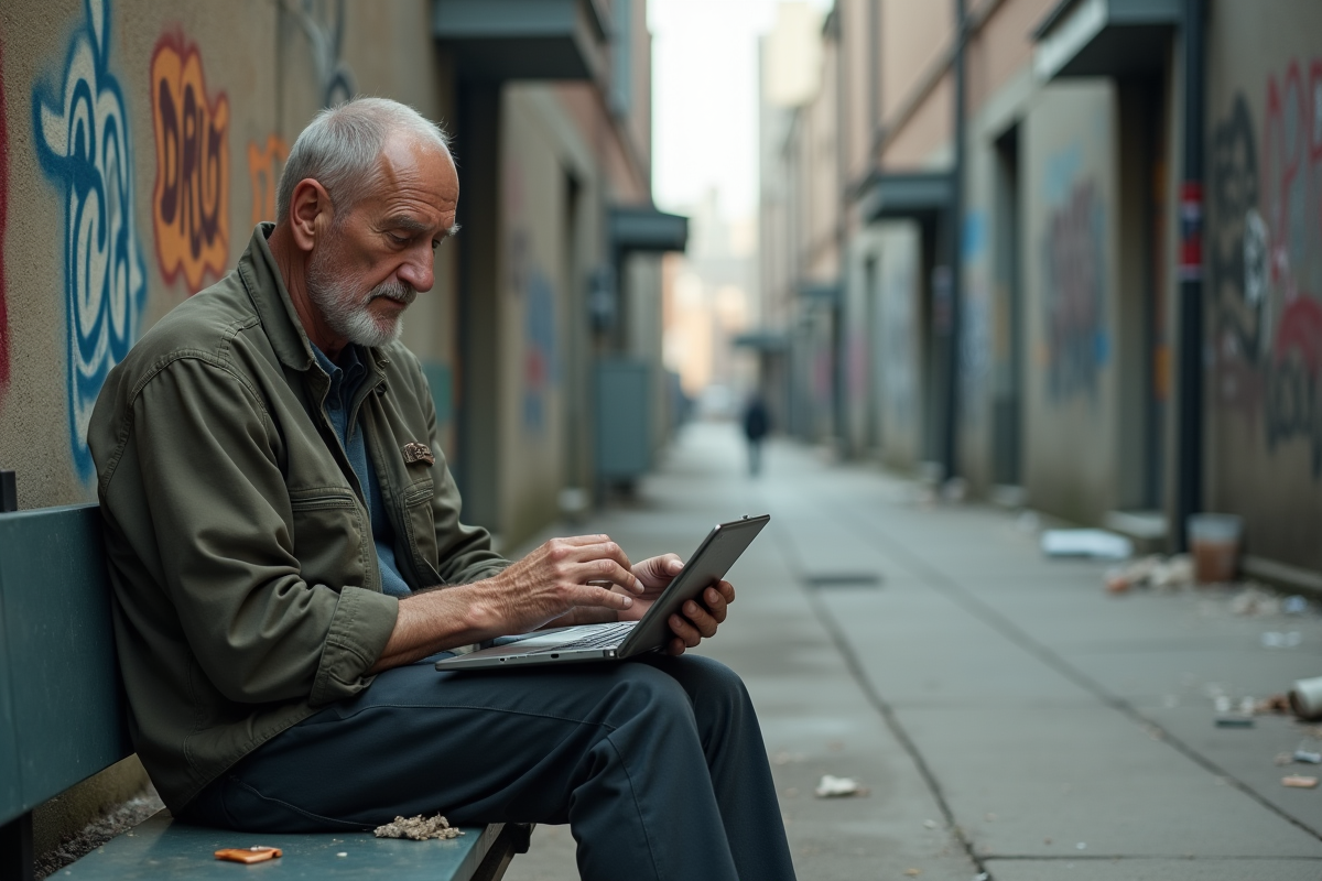 Homme d age avec tablette dans une ruelle urbaine grise