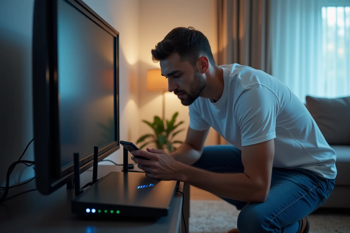 Homme en train de vérifier les voyants d'un routeur Wi-Fi pour résoudre un problème de connexion internet