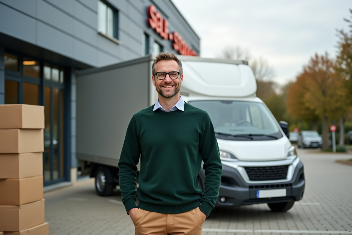 Homme heureux près d’un véhicule de livraison devant un centre de stockage