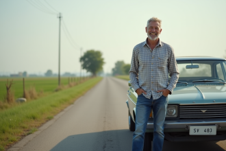 Homme souriant à côté de sa voiture essence ancienne