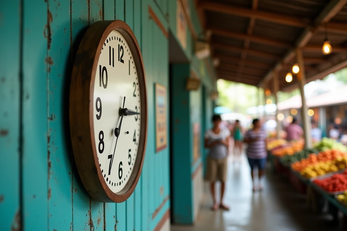 Horloge murale traditionnelle dans un marché couvert martiniquais, symbolisant l'heure locale en Martinique et les changements horaires en 2026