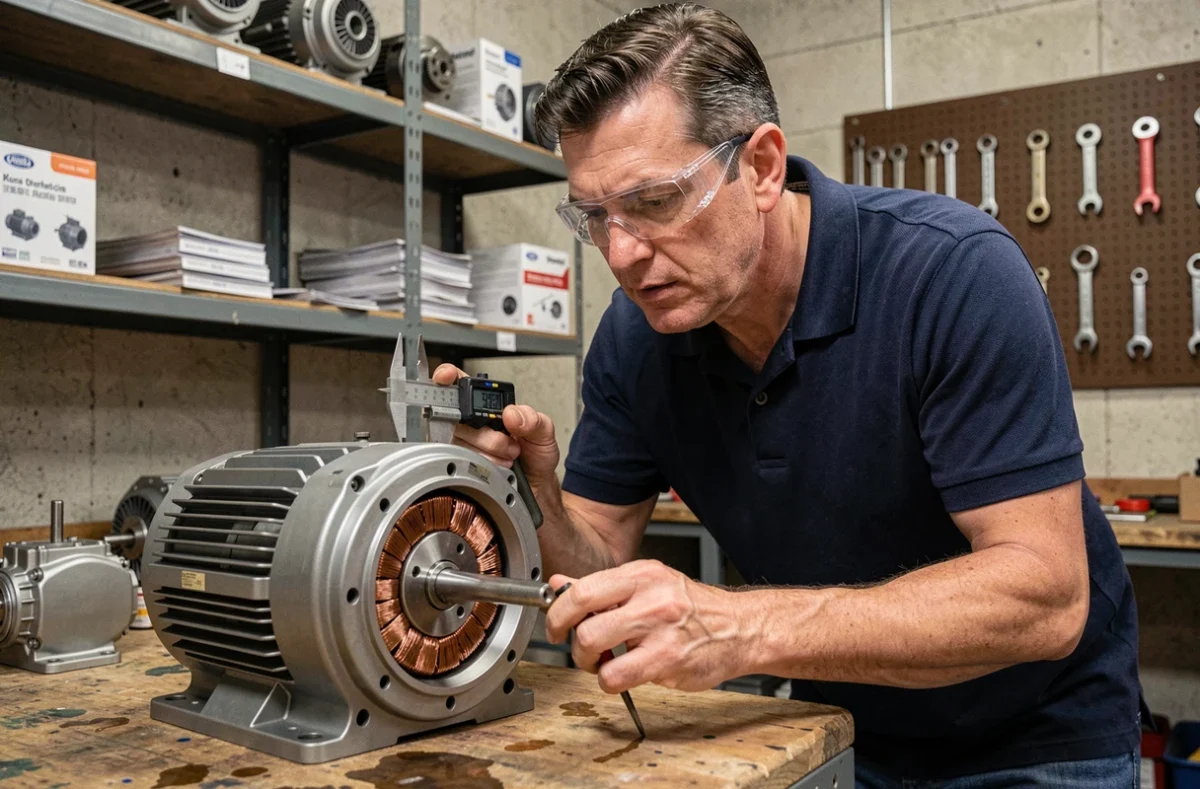 Ingénieur électricien analysant un moteur synchrone sur un établi industriel avec un pied à coulisse numérique