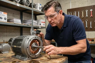 Ingénieur électricien analysant un moteur synchrone sur un établi industriel avec un pied à coulisse numérique