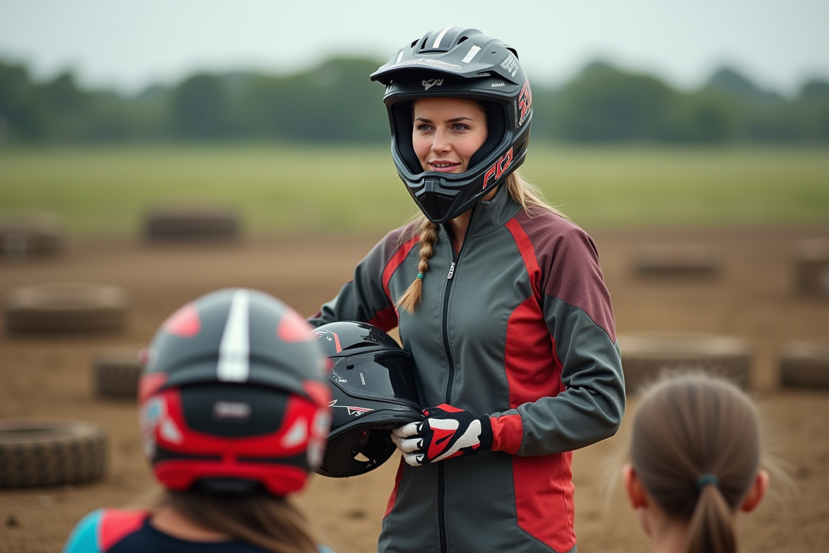 Femme instructrice motocross montrant la position des mains