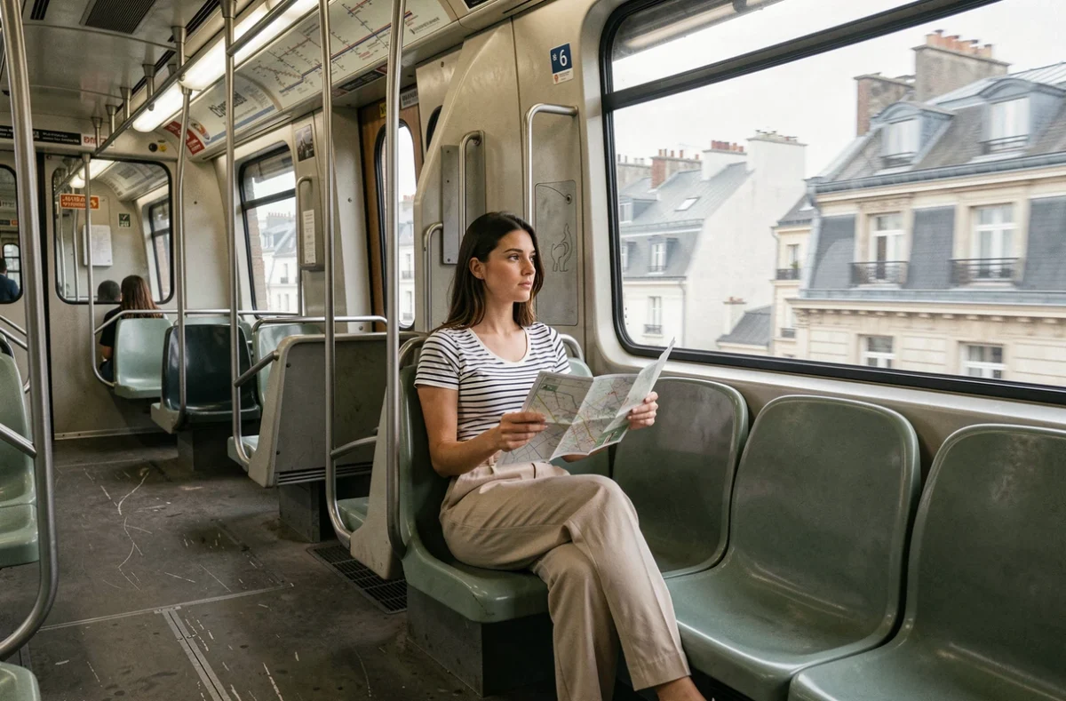 Intérieur d'une rame de la ligne 6 du métro parisien avec une passagère consultant le plan de ligne, vue sur les toits de Paris