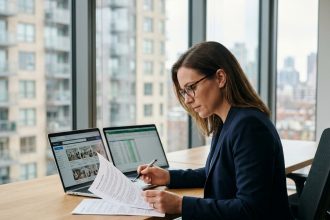 Femme investisseuse immobilière analysant des offres locatives clé en main sur ordinateur dans un bureau moderne avec vue sur la ville