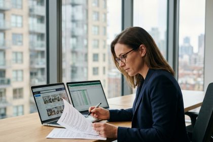 Femme investisseuse immobilière analysant des offres locatives clé en main sur ordinateur dans un bureau moderne avec vue sur la ville