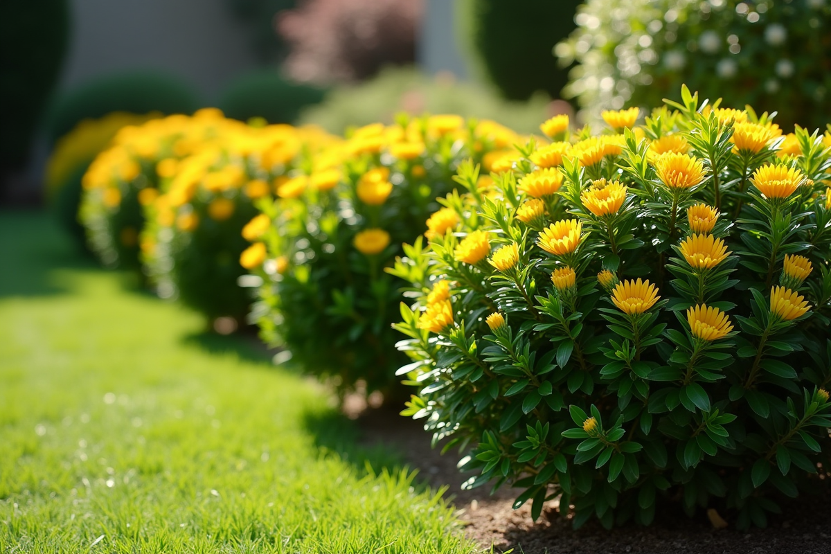 Jardin avec rangée de euphorbes matures en journée claire