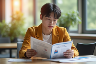 Jeune adulte regardant des brochures d'université sur un bureau lumineux