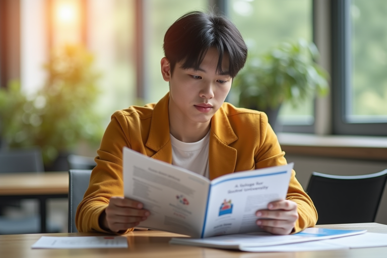 Jeune adulte regardant des brochures d'université sur un bureau lumineux