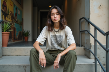 Jeune adulte nonbinaire assis sur un escalier urbain