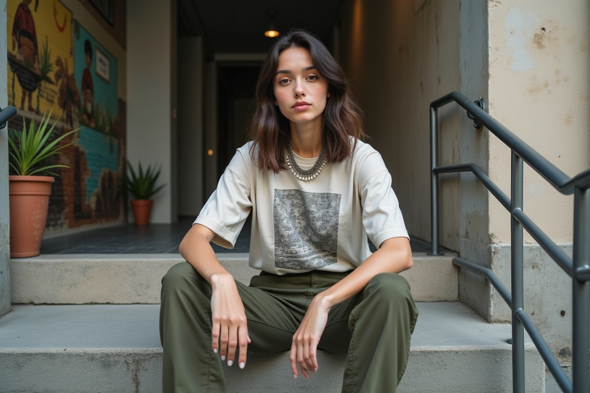 Jeune adulte nonbinaire assis sur un escalier urbain