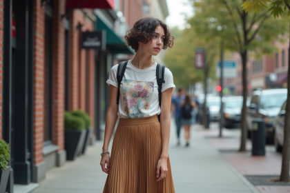 Jeune adulte nonbinaire dans la ville ajustant son sac à dos