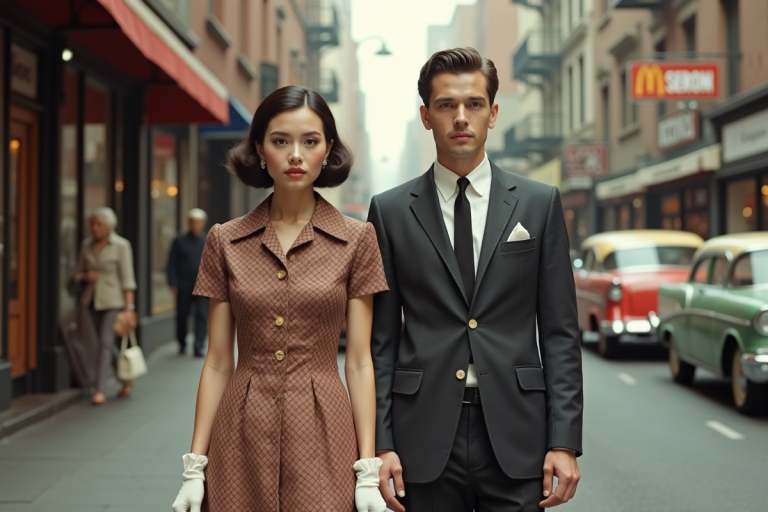 Jeune couple dans une rue animée des années 1960