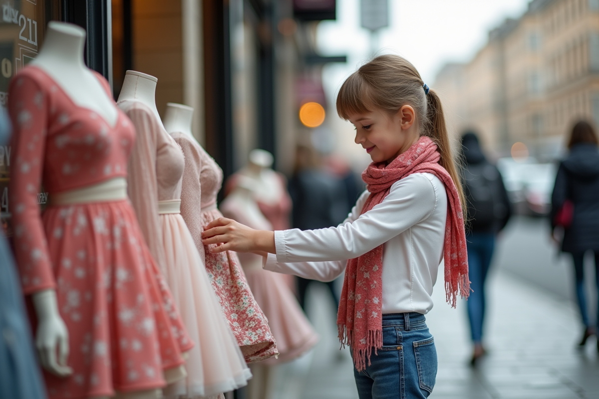 Jeune créatrice de mode ajustant une petite robe sur un mannequin en ville