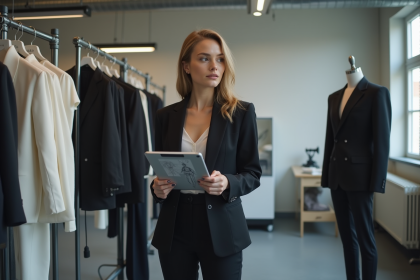 Jeune créatrice de mode avec tablette dans un atelier moderne