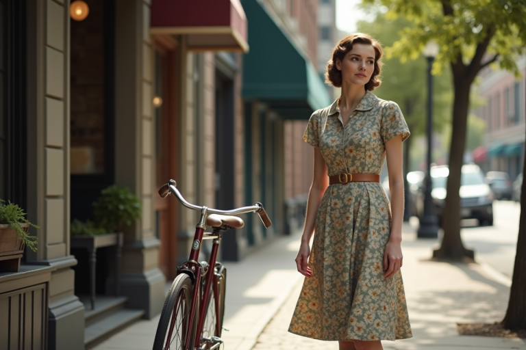 Jeune femme en robe vintage des années 40 sur le trottoir