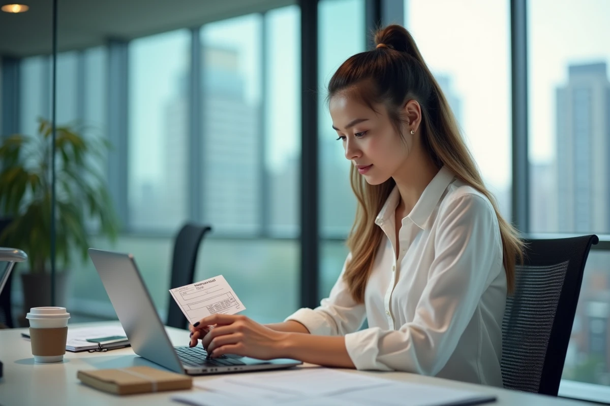 Jeune femme au bureau suivant un colis sur son ordinateur