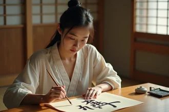 Jeune femme japonaise peint des kanji traditionnels