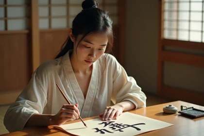 Jeune femme japonaise peint des kanji traditionnels