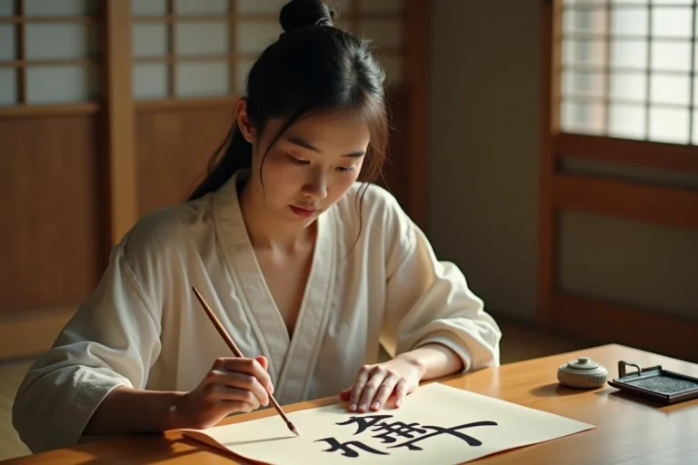 Jeune femme japonaise peint des kanji traditionnels