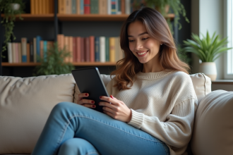Jeune femme lisant un ereader dans un salon cosy