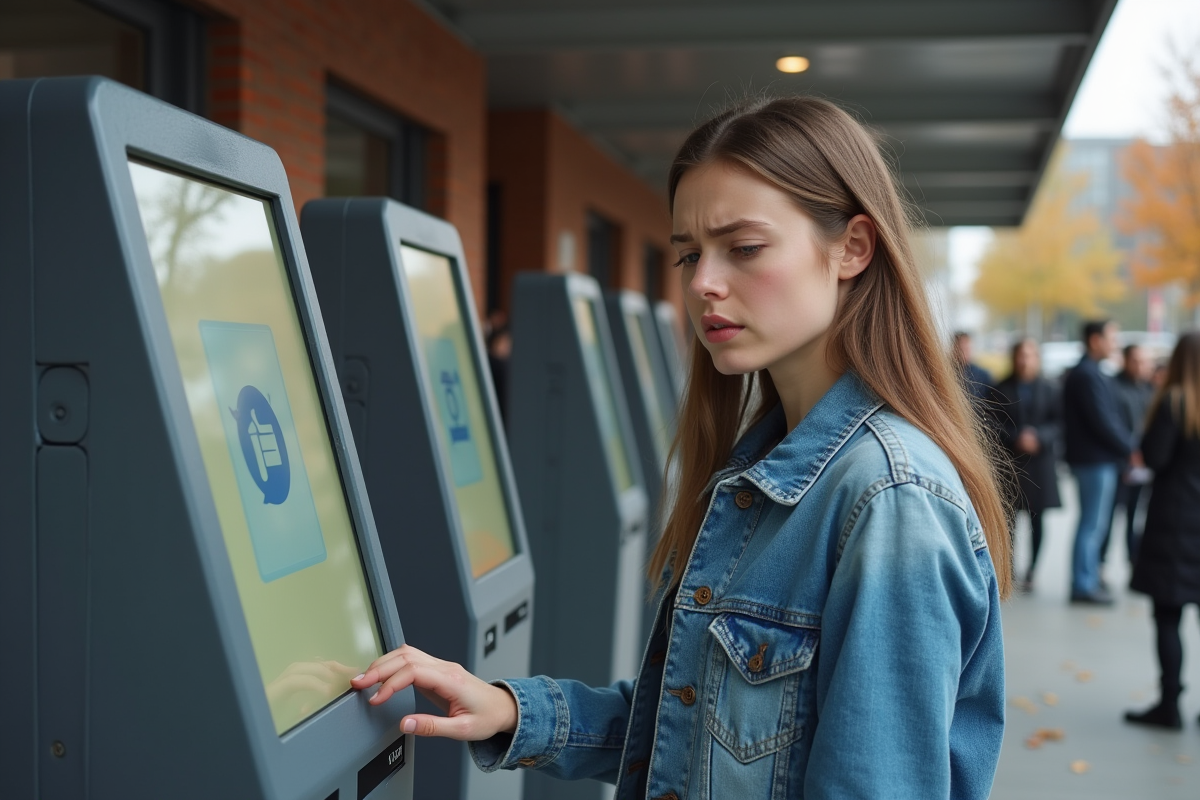 Jeune femme devant un kiosque informatique démodé