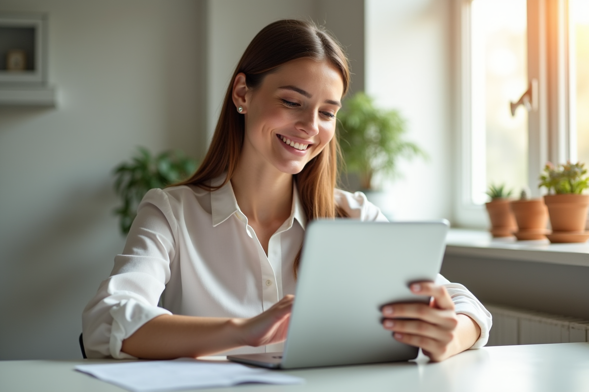 Jeune femme souriante lisant conseils santé sur tablette