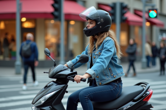 Jeune femme en denim sur une moto dans une ville moderne