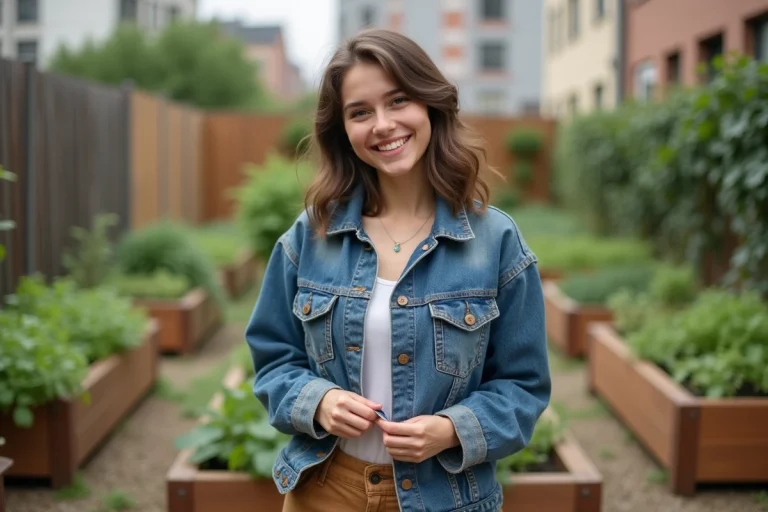Jeune femme souriante dans un jardin urbain avec veste en jean recyclé