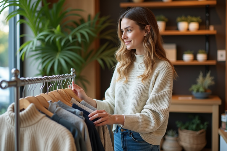 Jeune femme inspectant des vêtements ecolabellés dans une boutique naturelle