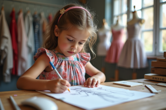 Jeune fille dessinant des créations de mode dans un atelier lumineux