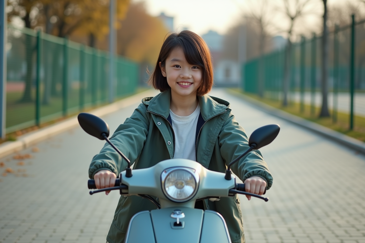 Jeune fille souriante sur un scooter dans la cour d