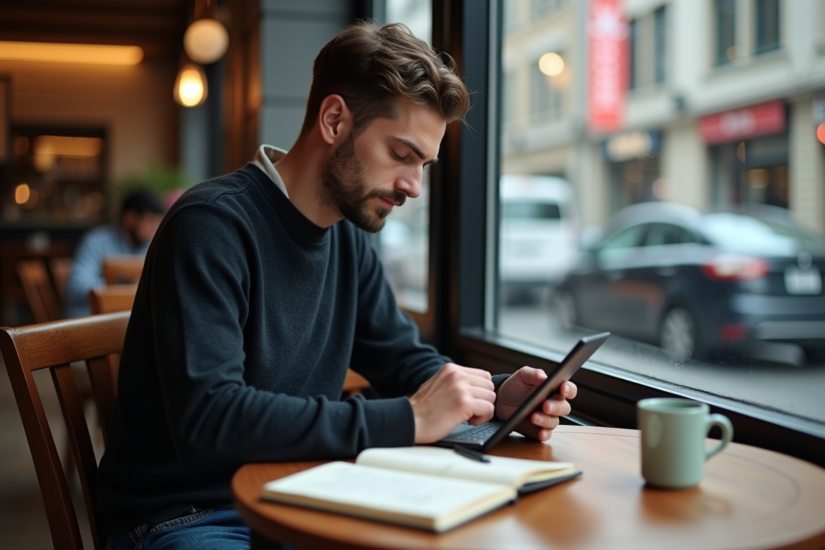 Jeune homme au café utilise une tablette