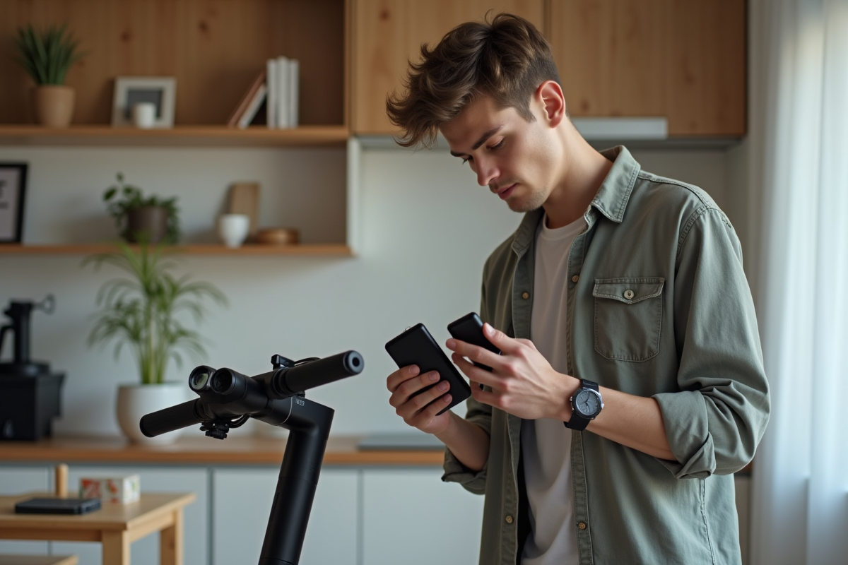 Jeune homme inspectant un chargeur de scooter électrique dans un appartement moderne