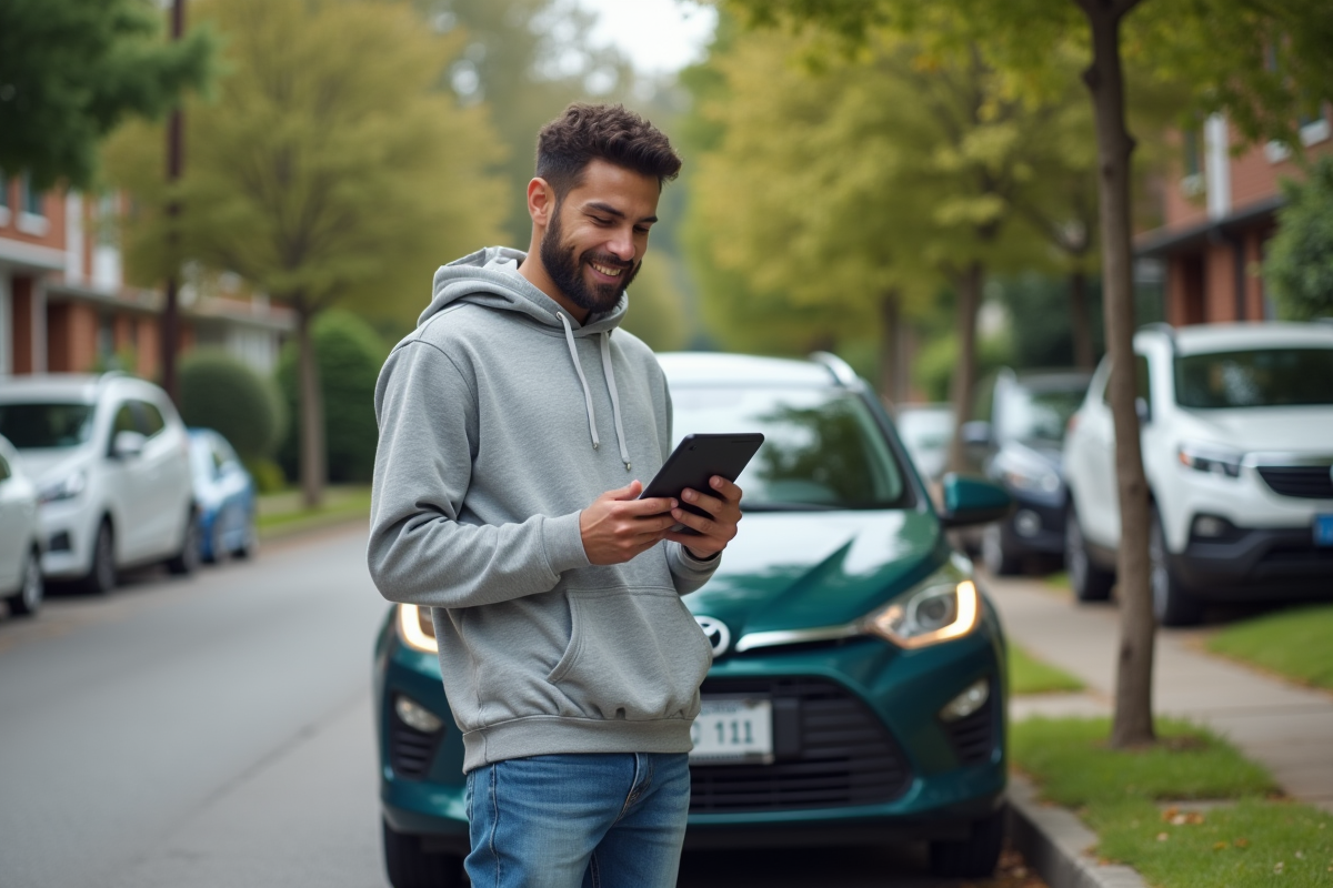 Jeune homme posant à côté de sa voiture pour une annonce de covoiturage