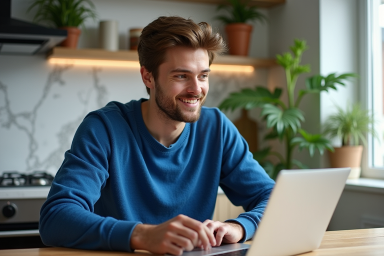 Jeune homme souriant devant ordinateur et tablette en cuisine