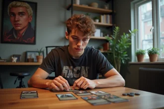Jeune homme concentré créant un deck de cartes à la maison
