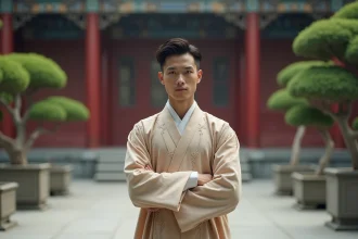 Jeune homme en robe chinoise dans un palais traditionnel