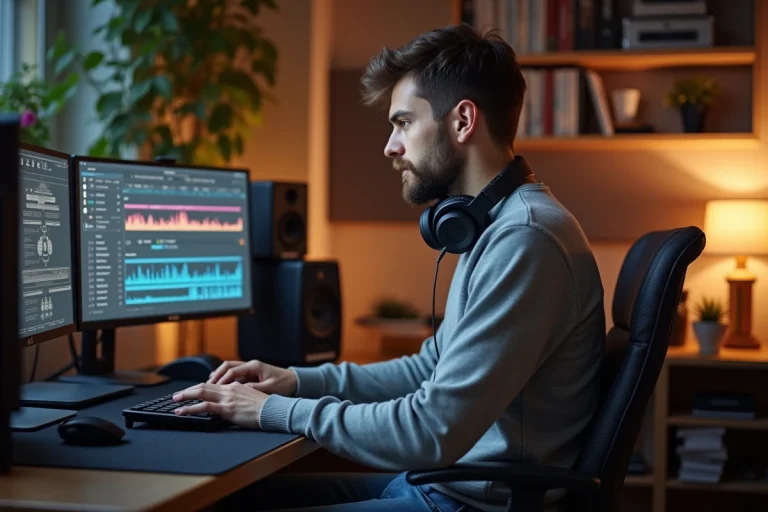Jeune homme en studio de musique avec ordinateur et casque