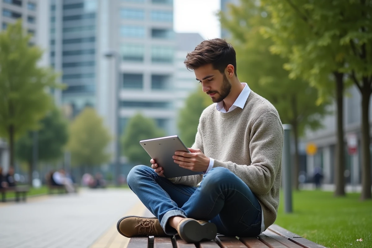 Jeune homme utilisant une tablette pour le test Archange en plein air