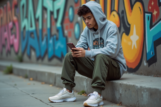 Jeune homme en streetwear dans un décor urbain coloré