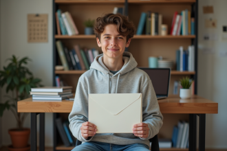 Jeune lyceen français souriant avec diplôme en main