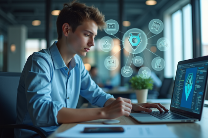 Jeune professionnel au bureau avec icônes de carrières V