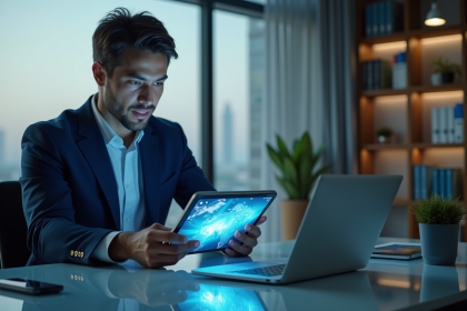 Jeune homme en costume étudiant une tablette dans un bureau moderne