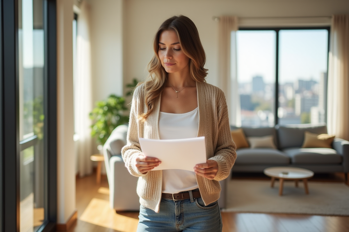 Jeune femme propriétaire vérifiant un rapport dans son salon lumineux