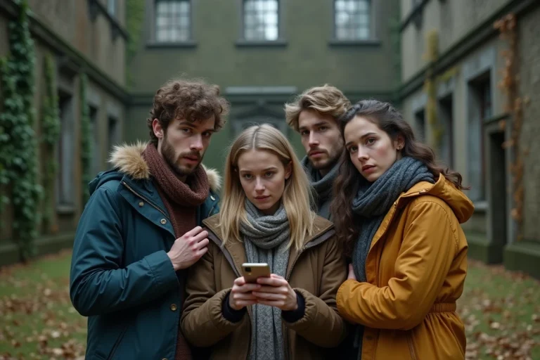 Groupe de jeunes devant une vieille maison abandonnée