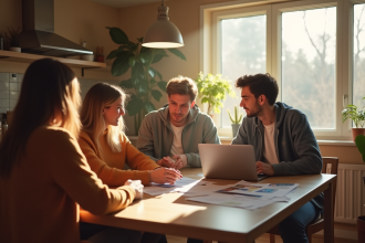 Jeunes adultes discutant de factures d énergie dans une cuisine lumineuse